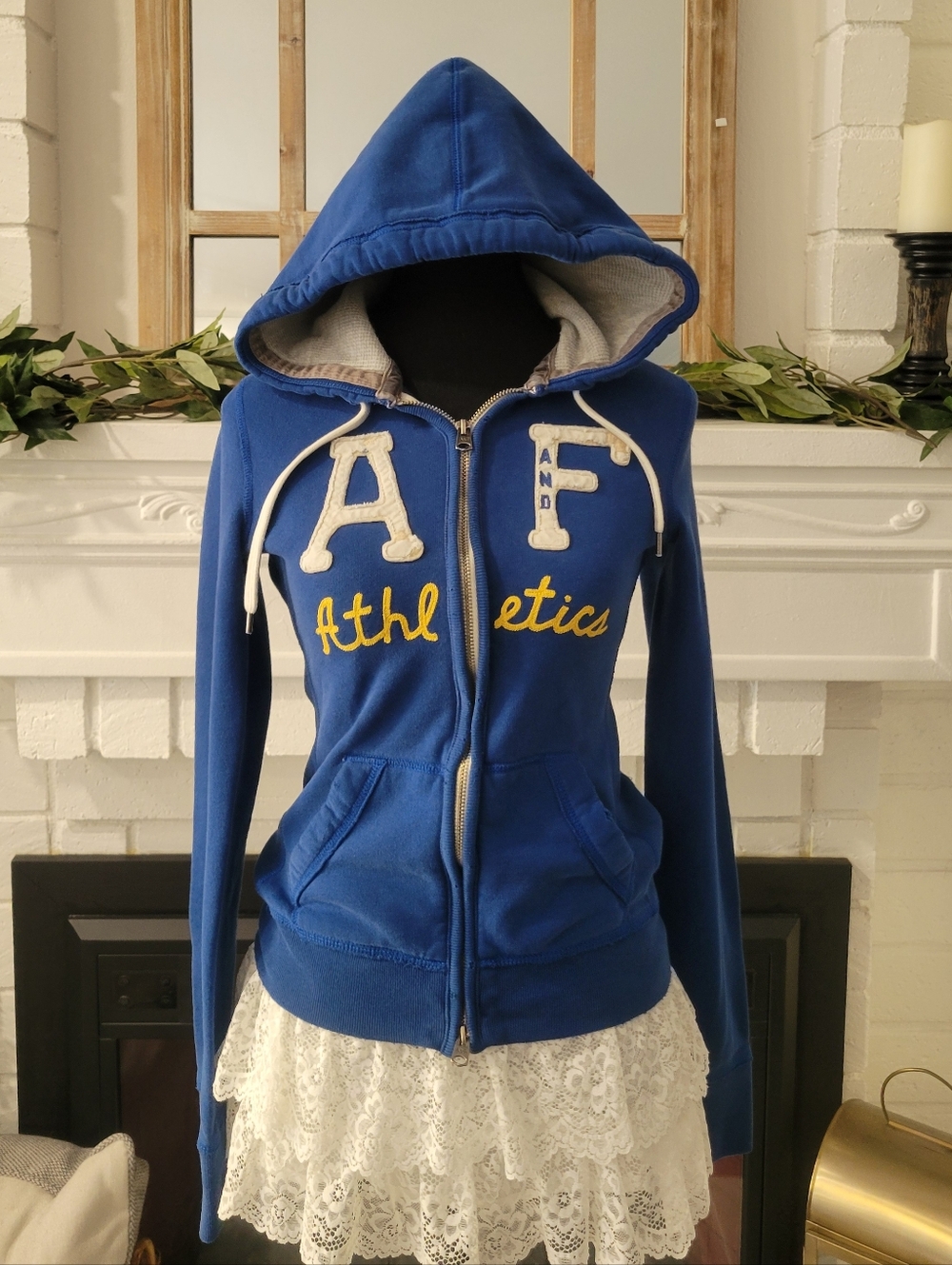 Y2k Abercrombie And Fitch Royal Blue A&F Decal Zip-Up Distressed Hoodie Size S
